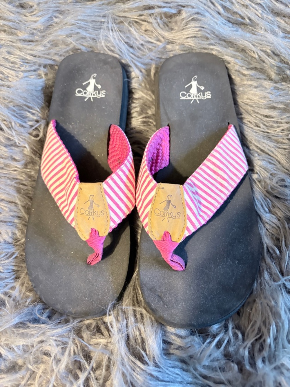 Corkys Striped Pink & White Fabric Flip Flops